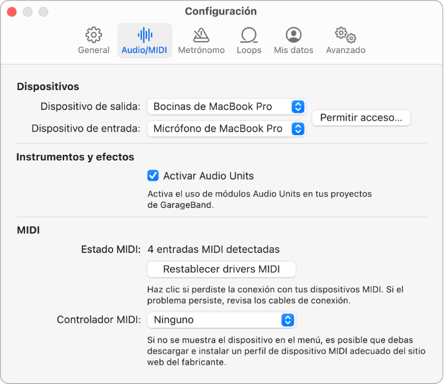 Panel de configuración Audio/MIDI.
