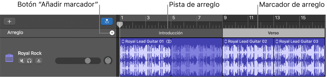 Pista de arreglo con el botón “Añadir marcador” y el pasaje de arreglos.