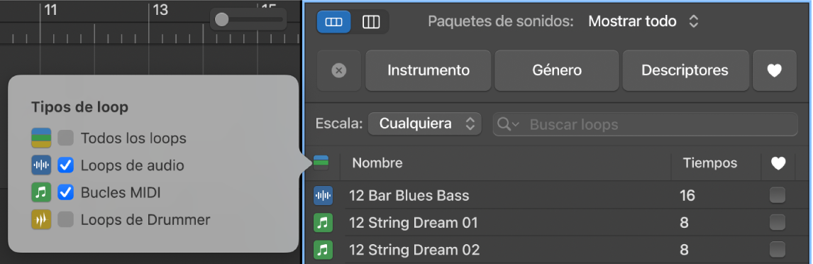 Uso del botón “Tipos de loop” para filtrar los tipos de loop.
