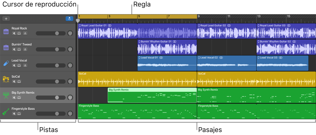 Área Pistas con pistas, pasajes, el cursor de reproducción y la regla.