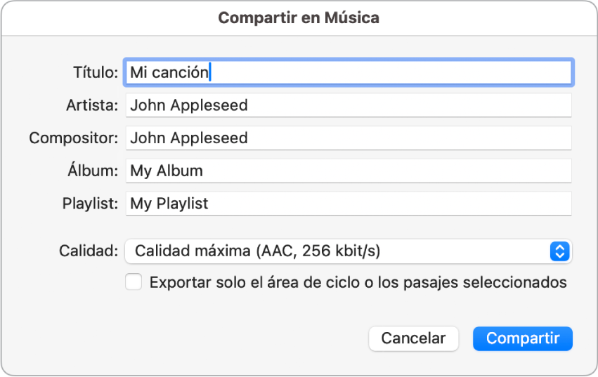 Cuadro de diálogo “Compartir en Música”.