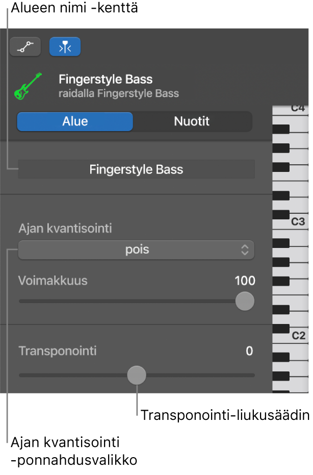 Pianorullaeditori-inspektori Alue-tilassa, jossa näkyvät säätimet.