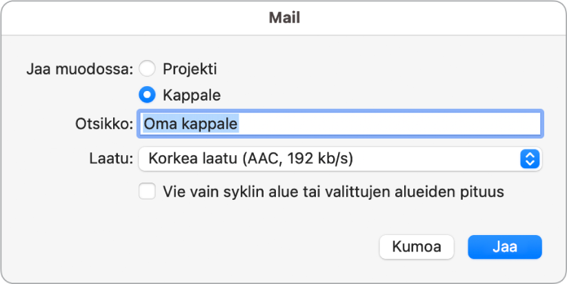 Mail Drop ‑valintaikkuna.