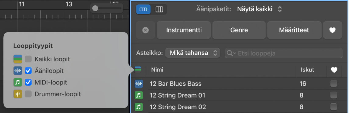 Looppityypit-painikkeen käyttö looppityyppien suodattamiseen.