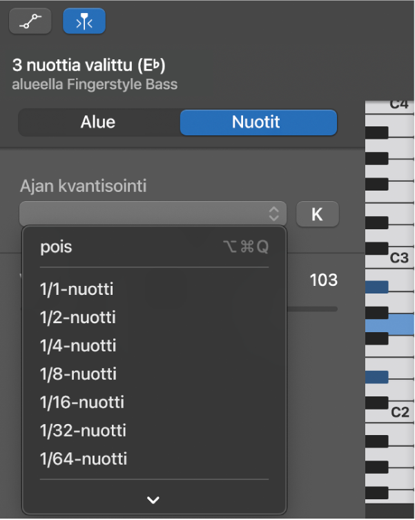 Arvon valitseminen Pianorullaeditori-inspektorin Ajan kvantisointi ‑ponnahdusvalikosta.