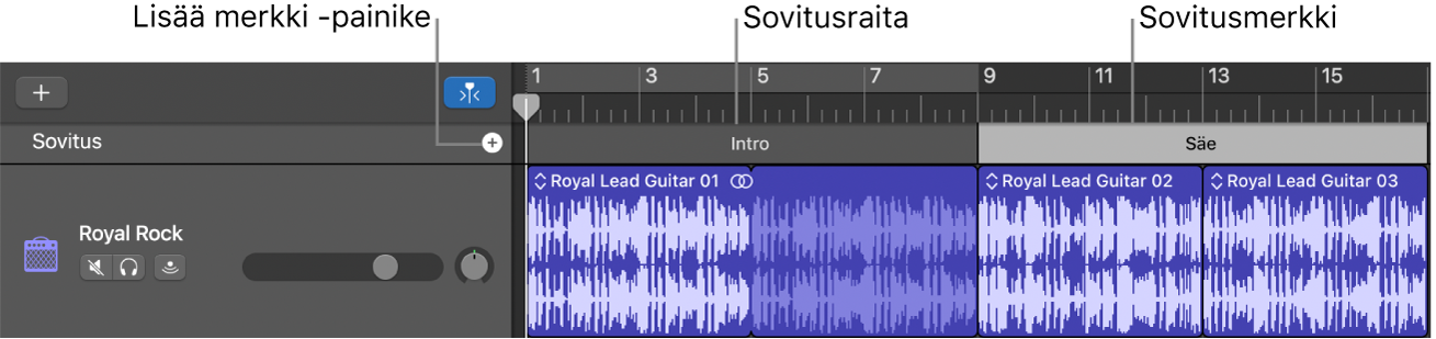 Sovitusraita, jossa näkyy merkinlisäyspainike ja sovitusalue.