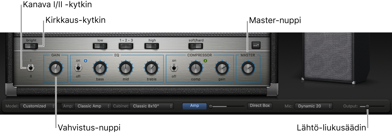 Bass Amp Designerin vahvistinsäätimet, mukaan lukien Kirkkaus-kytkin, Vahvistus-nuppu, Kanava I/II -kytkin ja Master-nuppi.