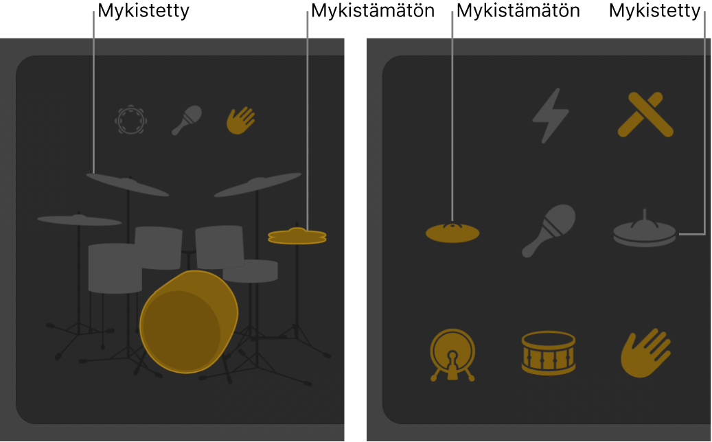 Drummer-editori, jossa näkyy rumpusetti mykistettynä ja ilman mykistystä.