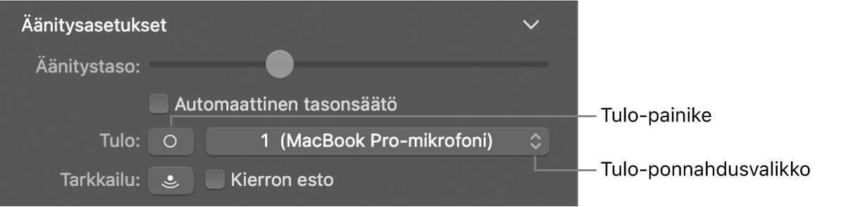 Smart Controlit -inspektorin Syöte-painike ja -ponnahdusvalikko.