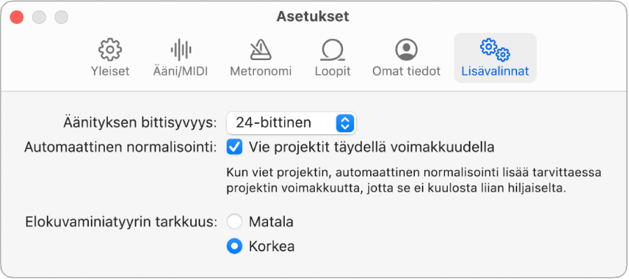 Lisävalinnat-asetusosio.
