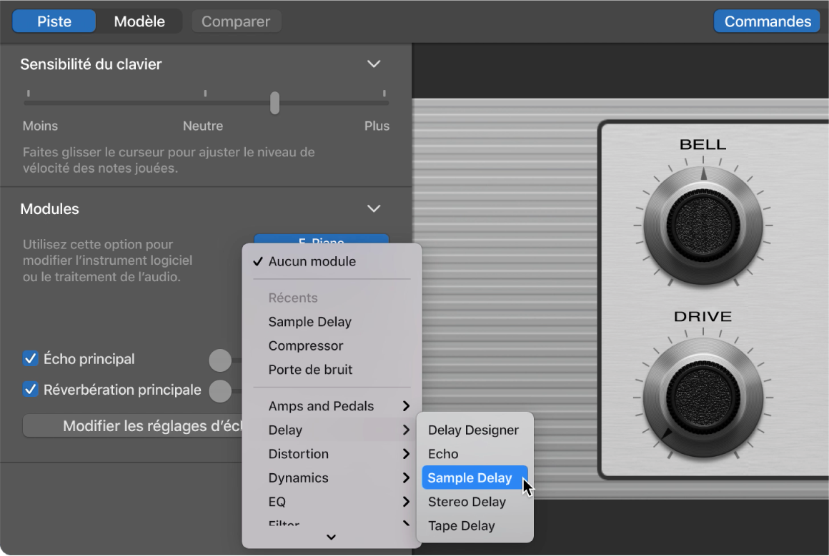Choisissez un module d’effet dans le menu des raccourcis Module.