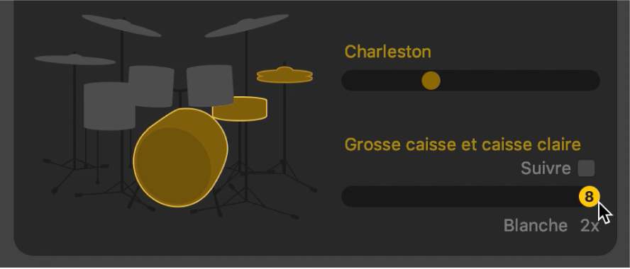 Variations avec réduction de moitié ou doublement du temps dans l’éditeur Drummer.