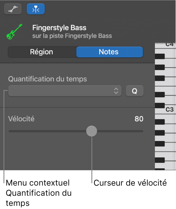 Commandes de l’inspecteur de l’éditeur de partition défilante en mode Notes.