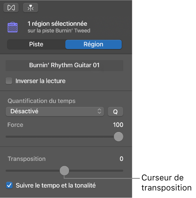 Curseur de transposition dans l’inspecteur de l’éditeur audio en mode Région.