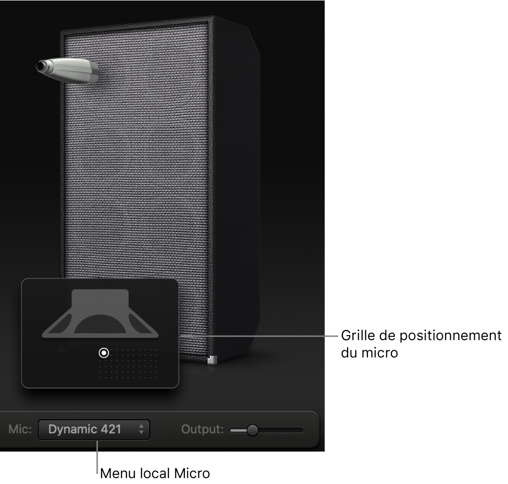Zone de l’enceinte de Bass Amp Designer présentant le menu Mic et la grille de positionnement du micro.