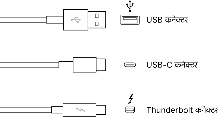 USB और Thunderbolt कनेक्टर प्रकार का चित्रण।