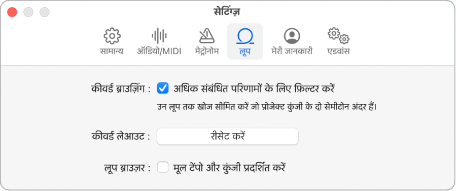 लूप सेटिंग्ज़ पेन।