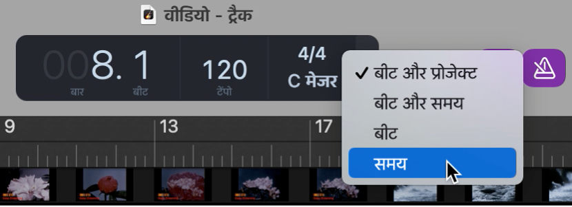 समय प्रारूप चुनते हुए, नियंत्रण बार में LCD।