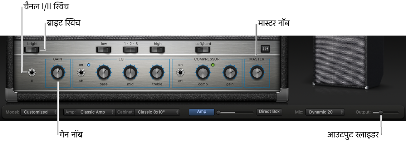 Bass Amp Designer ऐम्प नियंत्रण जिसमें ब्राइट स्विच, गेन नॉब, चैनल I और II स्विच और मास्टर नॉब शामिल होते हैं।