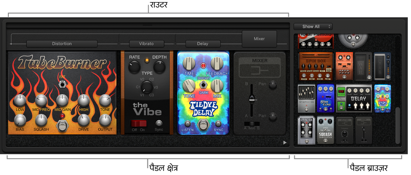 Pedalboard प्लग-इन द्वारा पैडल क्षेत्र, पैडल ब्राउज़र और राउटर क्षेत्र दिखाए जा रहे हैं।