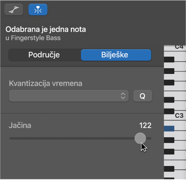 Uređivanje jačine pritiska tipke note u Uredniku nota klavijature