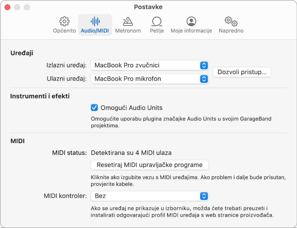Prozor postavki Audio/MIDI.