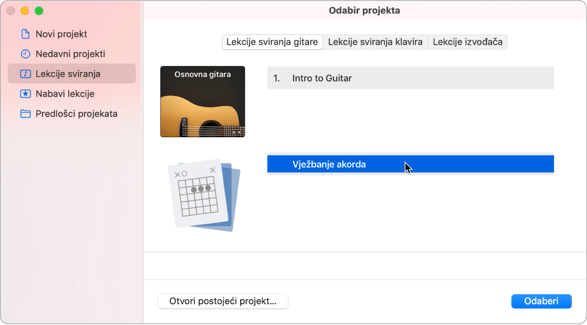 Odabir projekata, odabir Vježbanja akorda.