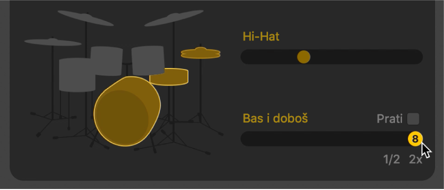 Drummer urednik prikazuje pola ili dvostruku vremensku jedinicu.