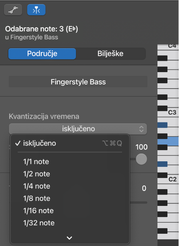 Odabir vrijednosti sa skočnog izbornika Kvantizacija vremena u inspektoru Urednika nota klavijature.