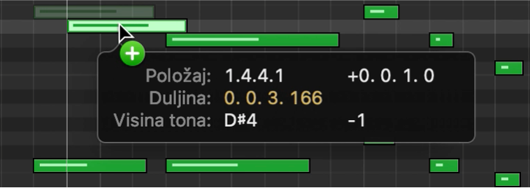 Povlačenje uz držanje tipke Option kako bi se kopirale note u Urednik nota klavijature.