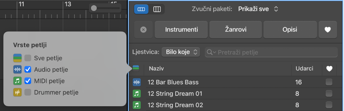 Uporaba tipke Vrste petlji za filtriranje vrsta petlji.