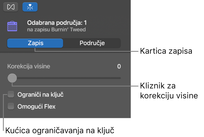 Inspektor Urednika zvuka u načinu zapisa, prikazuje kliznik Korekcija visine i kućicu Ograniči na ključ.