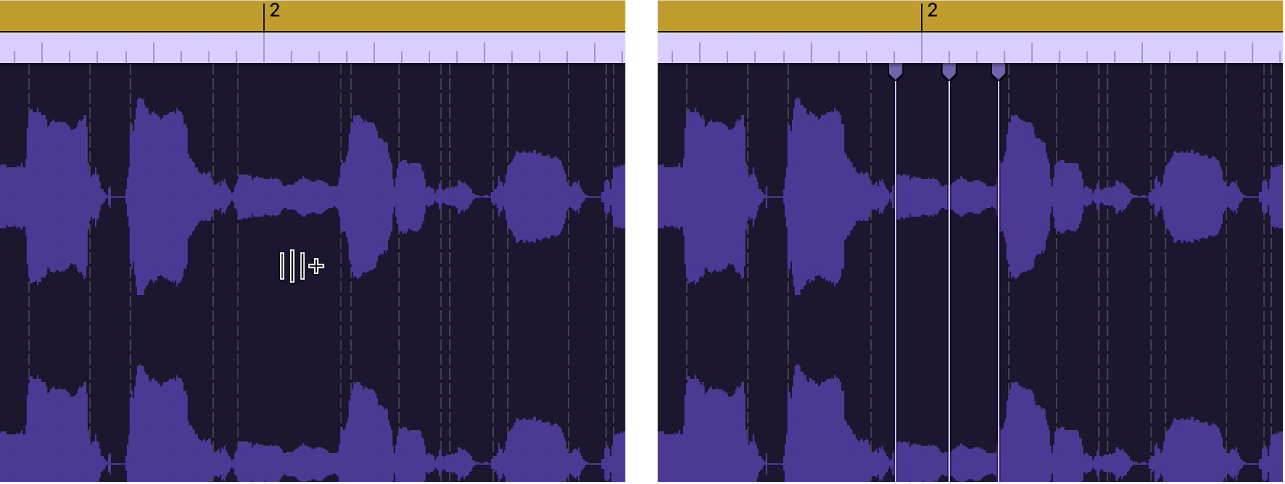 Audio područje s prikazom izrade Flex označivača na vrhu označivača prijelaza.