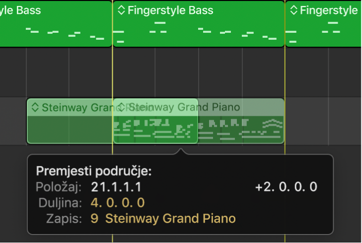 Područje zapisa s prikazom pomicanja područja pomoću vodilica za poravnanje.