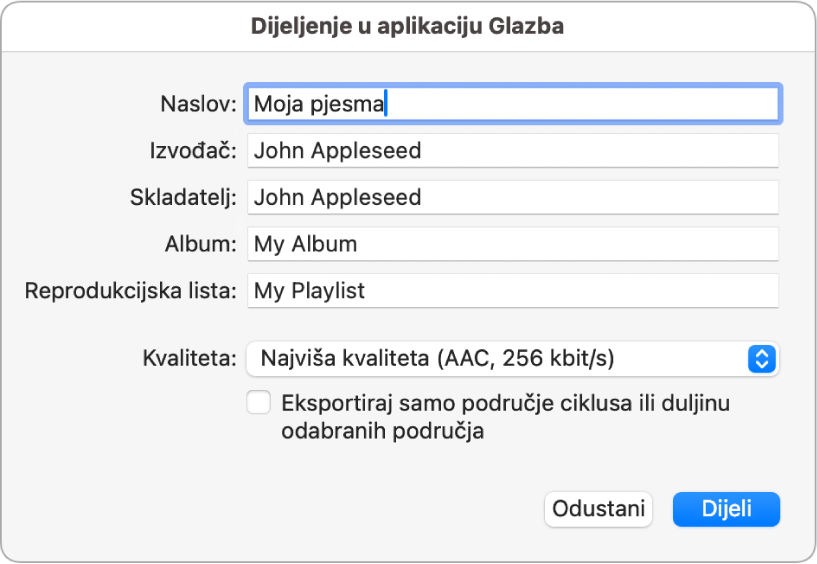 Dijeljenje u dijaloški okvir Glazba.