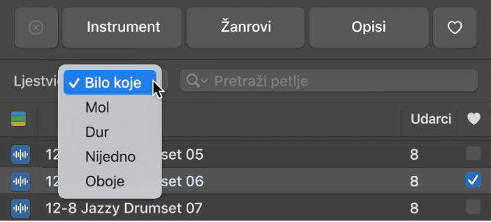 Prikaz otvorenog skočnog izbornika Ljestvica u pregledniku petlji.
