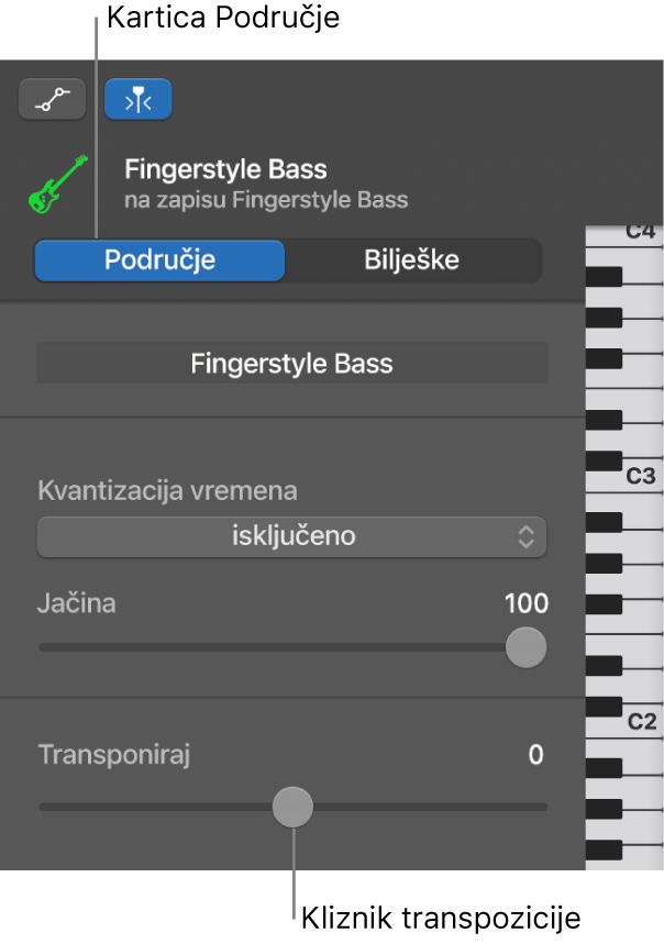Inspektor Urednika nota klavijature, prikazuje tipku Područje i kliznik transpozicije.