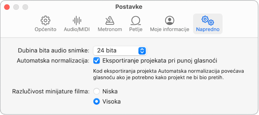 Prozor postavki Napredno.