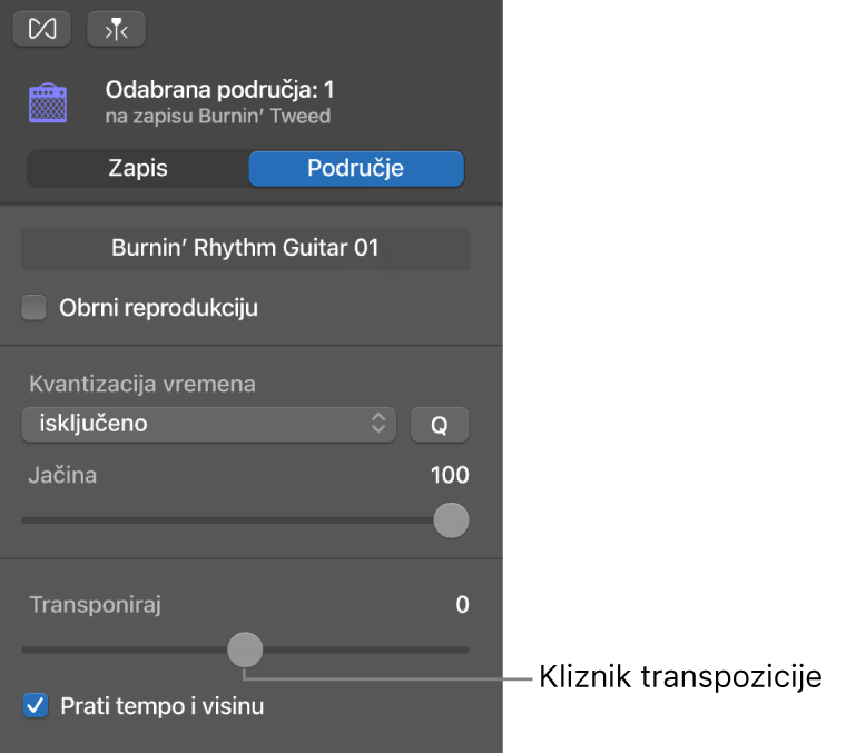 Inspektor Urednika zvuka u načinu područja, prikazuje kliznik transpozicije.