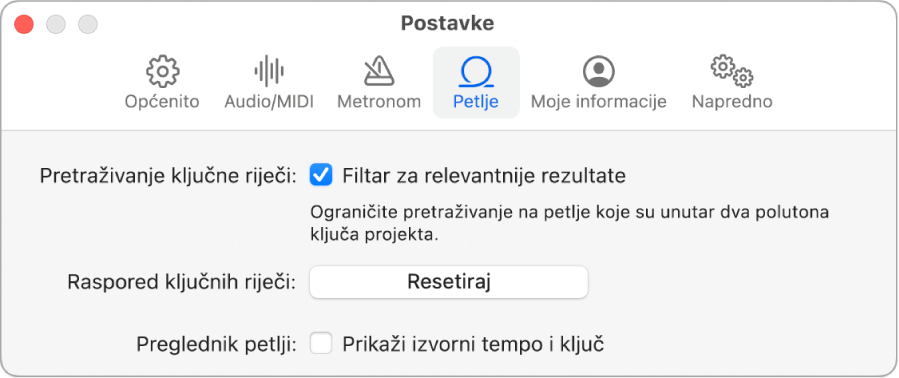 Prozor postavki Petlje.