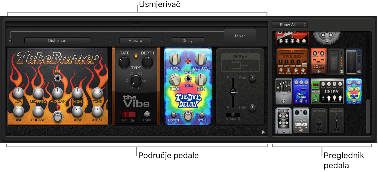Plugin Pedalboard prikazuje područje pedale, preglednik pedala i područja usmjerivača.