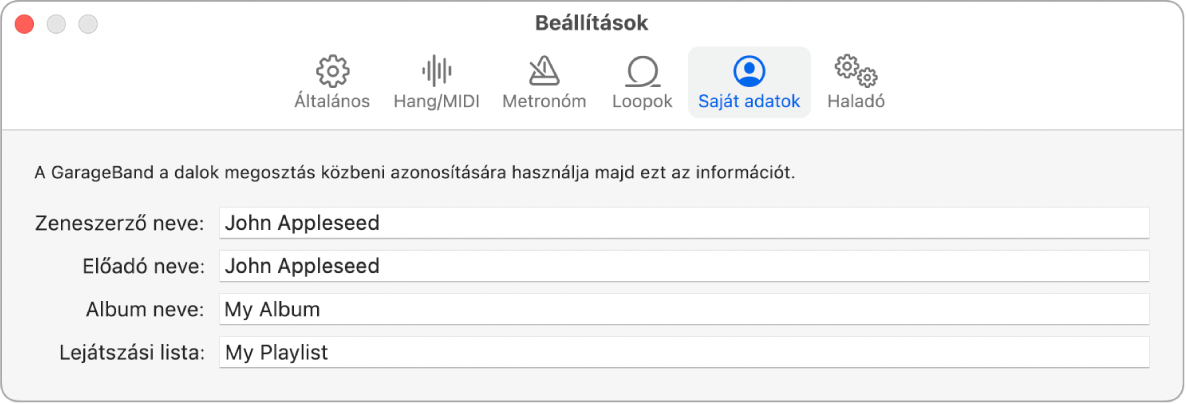 A Saját adatok beállításainak panelje.