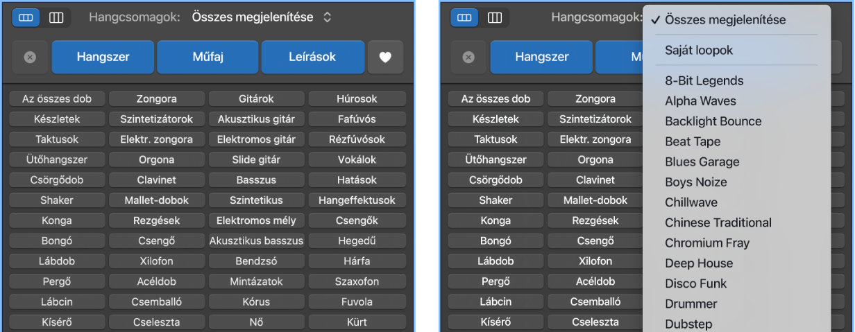 A Loopok előugró menü megnyitott állapotban