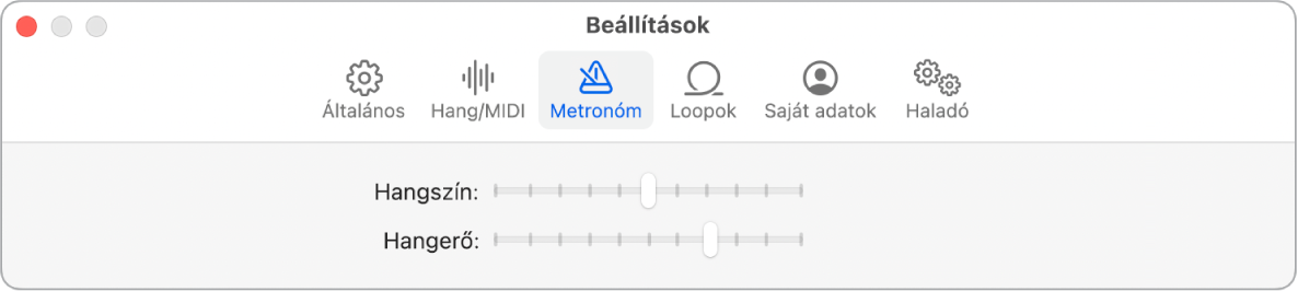 A Metronóm beállításai panel.