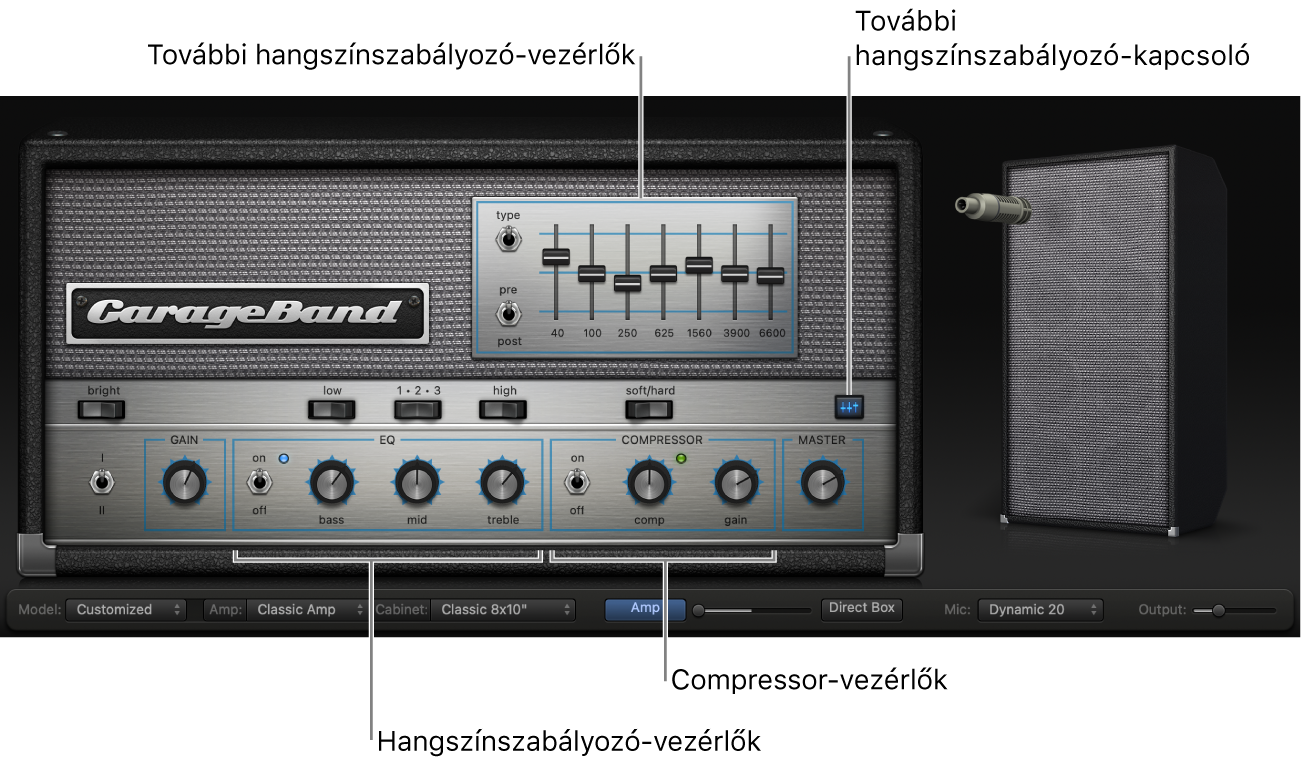 A Bass Amp Designer a hangszínszabályzó és kompresszor-vezérlőkkel.