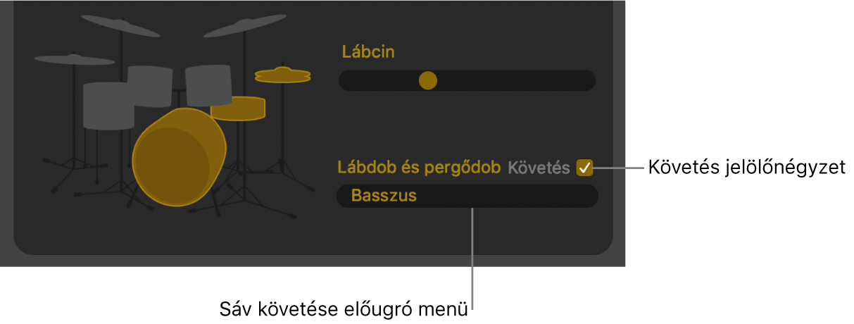 A Drummer-szerkesztő a Követés jelölőnégyzettel és a Sáv követése előugró menüvel.