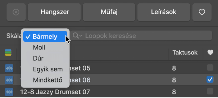 A Skála előugró menü megnyitott állapotban a Loopböngészőben