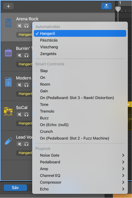 Az Automatizálási paraméter előugró menü megnyitott állapotban
