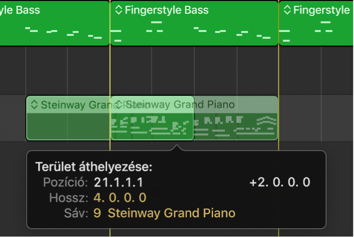 Egy terület áthelyezése az igazítási segédvonalak használatával a Sávok nézetben