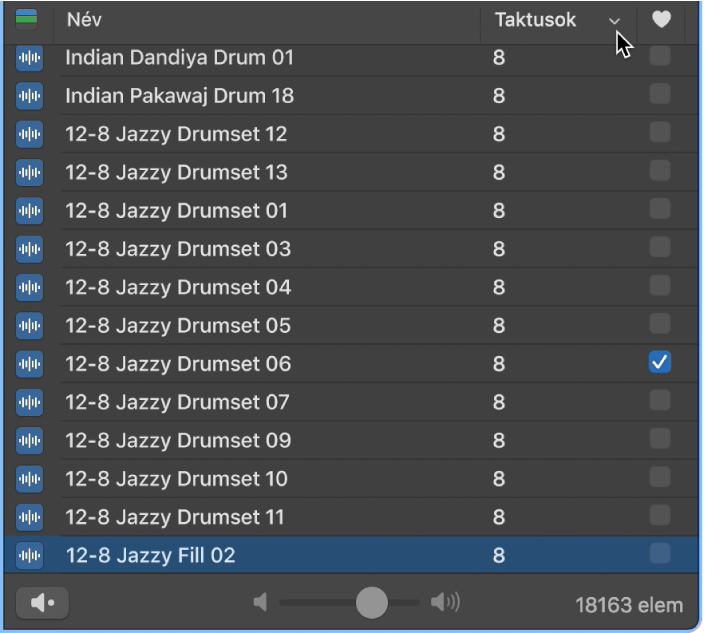 Az Ütemek oszlopfejléc a Loopböngészőben